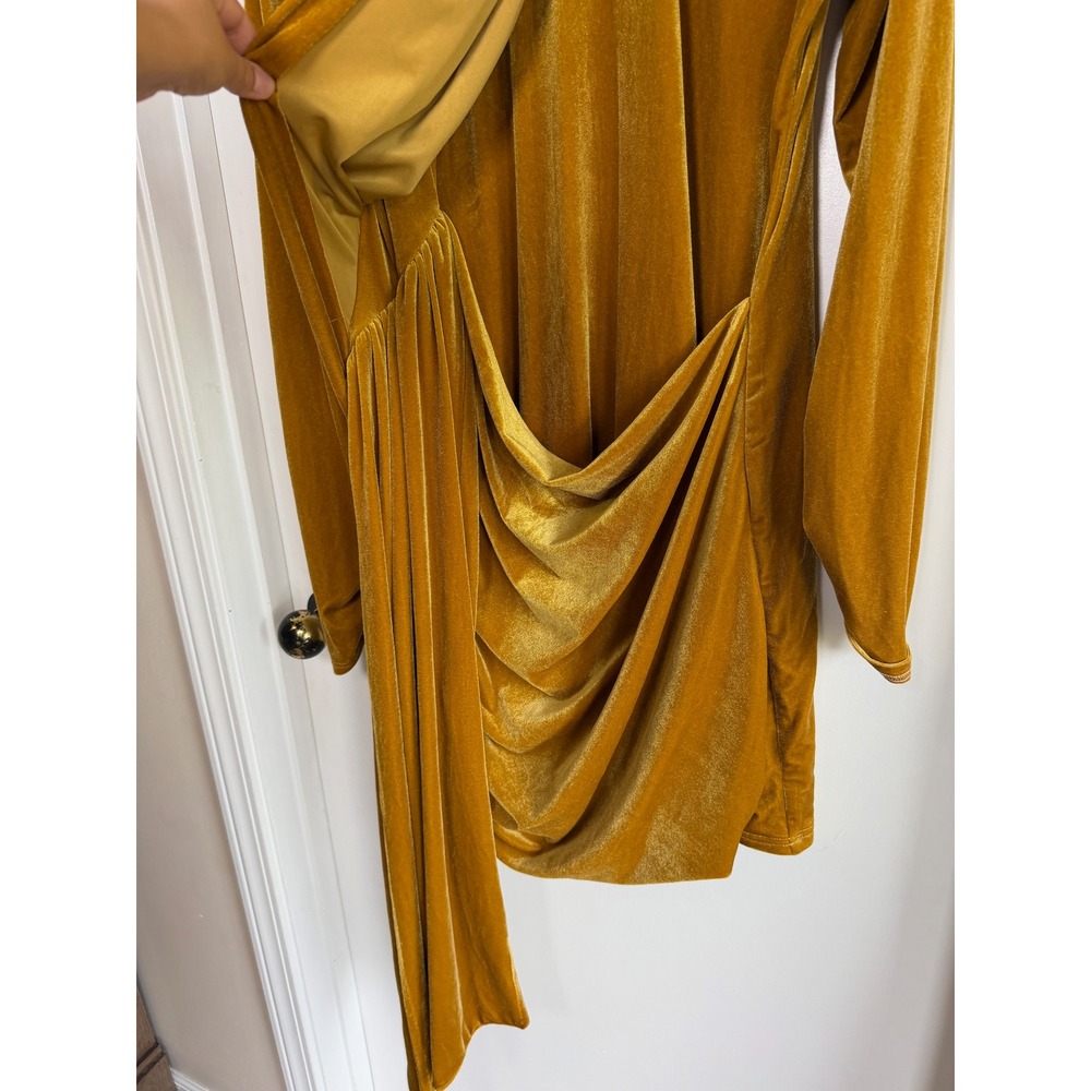 Jessakae Gold Velvet Draped Mini Dress Long Sleeve Mustard Womens 1XL NEW - Picture 6 of 11